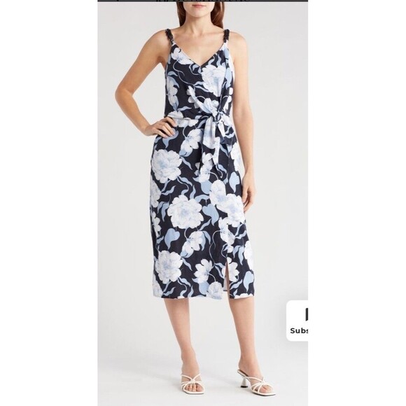 NWT Ellen Tracy Side Tie Linen Blend Midi Dress Women's XS Floral - Picture 1 of 16